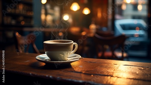 A moody, low-light image of an espresso cup in a cozy cafe, illuminated by a warm, dim lamp