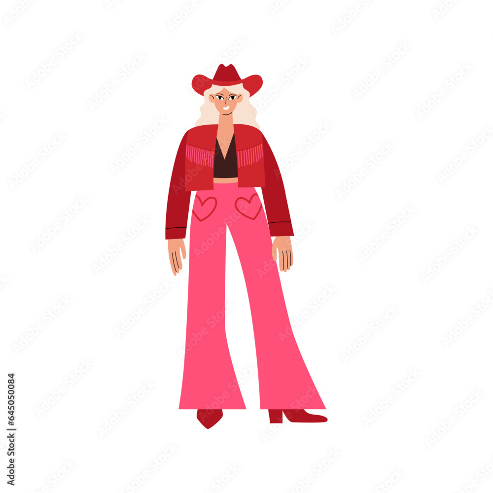 Woman in pink cowgirl costume. Beautiful girl wearing cowboy hat, jacket and boots. Vector flat character illustration
