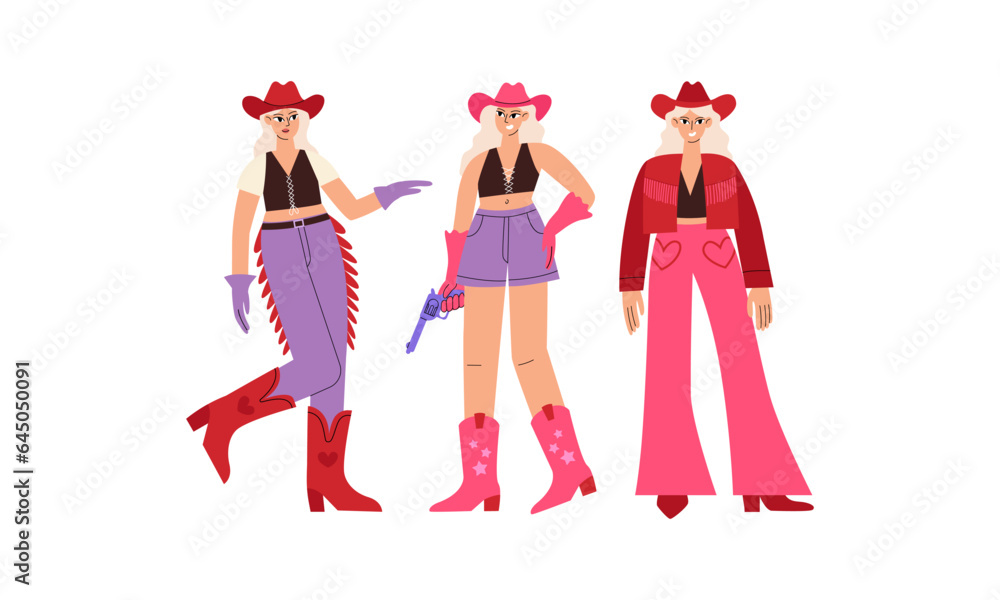 Cute blonde girls in pink cowgirl costumes. Beautiful young women wearing cowboy hats and boots. Vector flat character illustration Cute blonde girls in pink cowgirl costumes. Beautiful young women wearing cowboy hats and boots. Vector flat character illustration