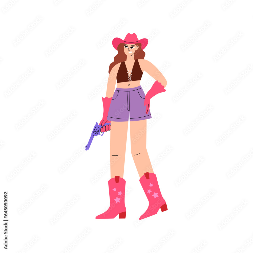 Woman in cowgirl costume. Beautiful girl wearing cowboy hat and boots. Vector flat character illustration Woman in cowgirl costume. Beautiful girl wearing cowboy hat and boots. Vector flat character illustration