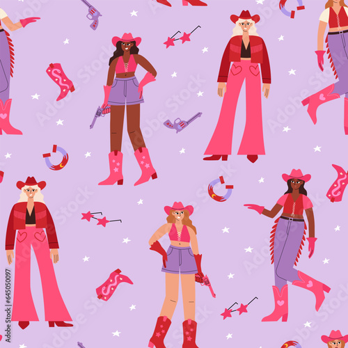Seamless pattern with cute diversity girls with cowboy boots, sunglasses and horseshoes. Cowgirl party disco concept. Vector flat background with women in pink cowgirl costumes