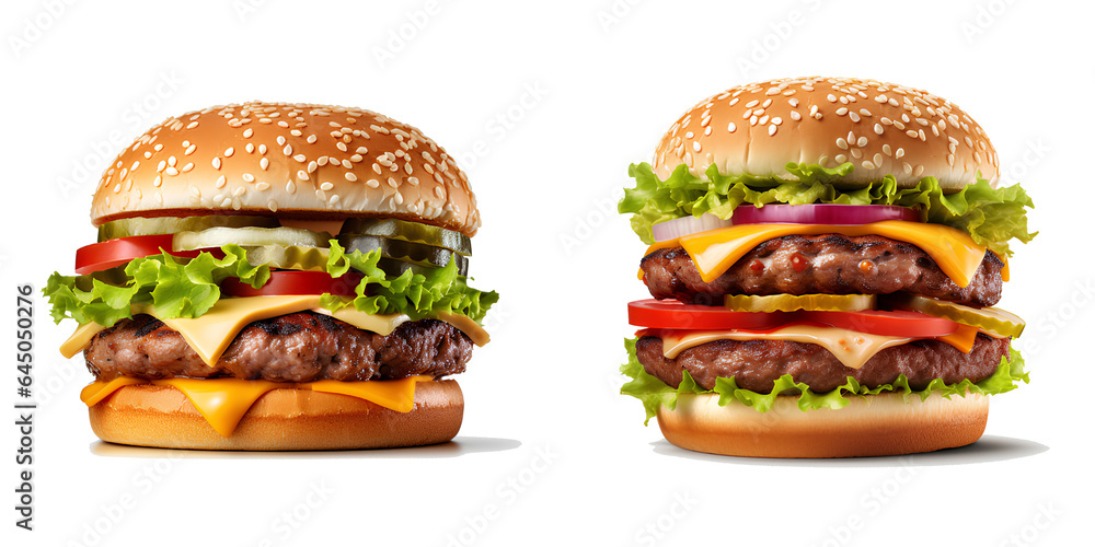 Set of 2 burgers isolated on a transparent background. Generative AI Set of 2 burgers isolated on a transparent background. Generative AI