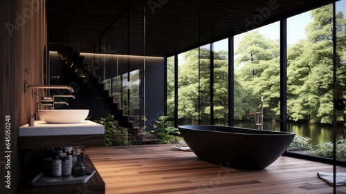 Full of luxury bathroom with black bathtub what is impossible to able to be clean but look like brutal good.