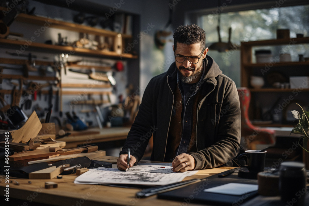 a man with glasses working on a new project, wood worker. a man with glasses working on a new project, wood worker.