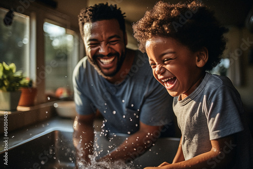 Father and Son laughing and playfully washing hands at sink.
