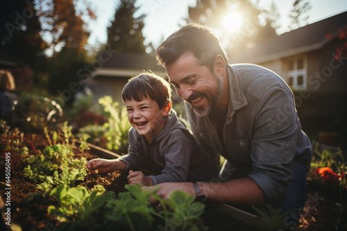 Father and Son bonding and gardening together at sunset. 