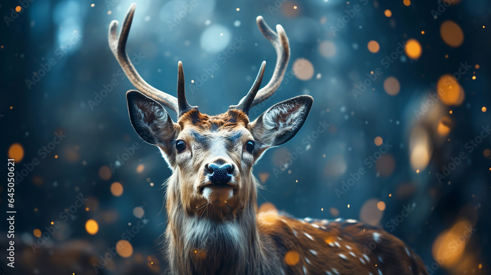 Deer male in winter snow forest. Artistic winter christmas landscape. Magic festive reindeer. Deer male in winter snow forest. Artistic winter christmas landscape. Magic festive reindeer.