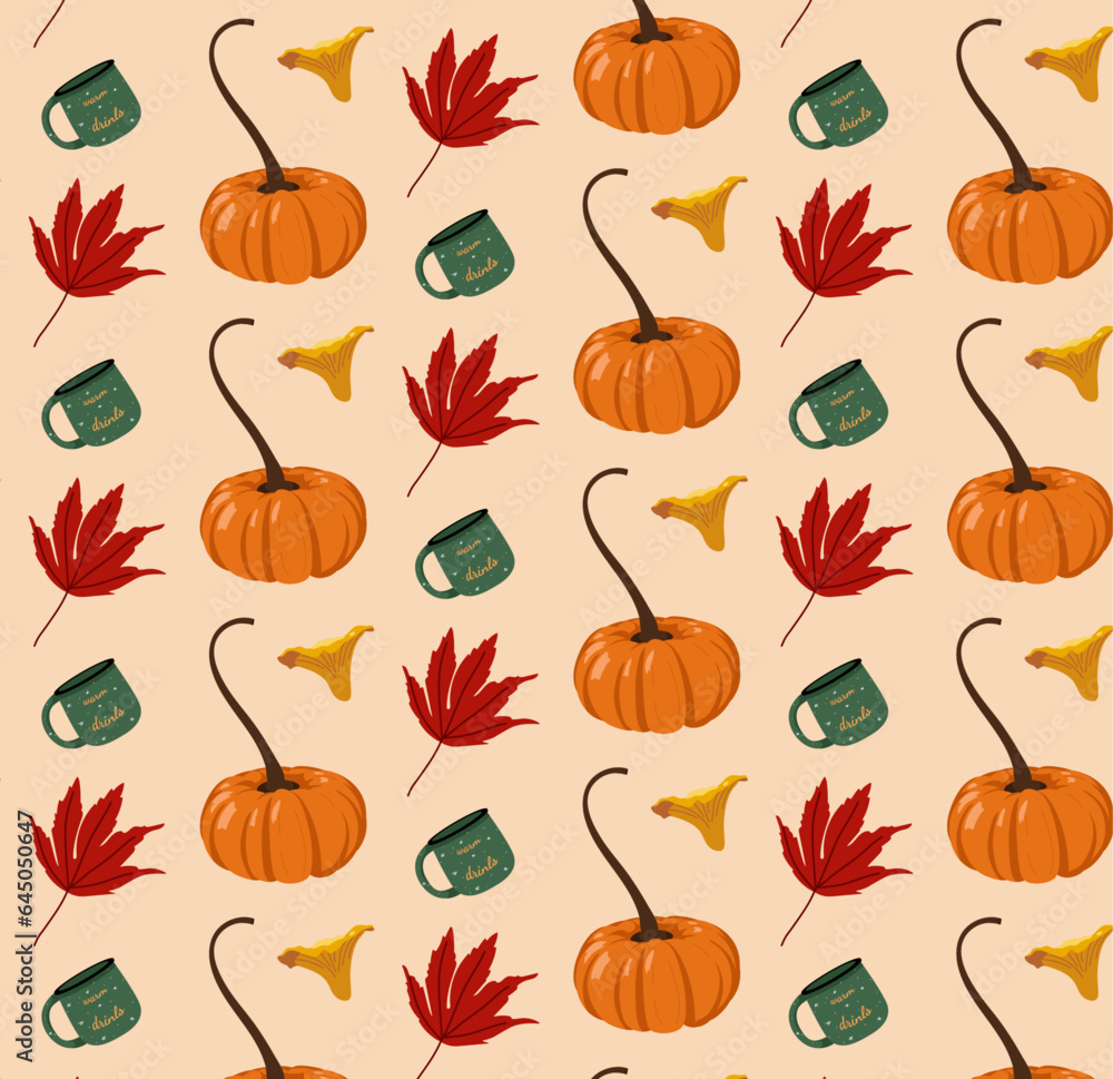 A seamless pattern with orange pumpkins, green mugs and red leaves on beige background for packaging, wallpaper, fabrics