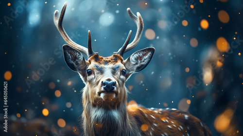 Deer male in winter snow forest. Artistic winter christmas landscape. Magic festive reindeer. © Yuliia