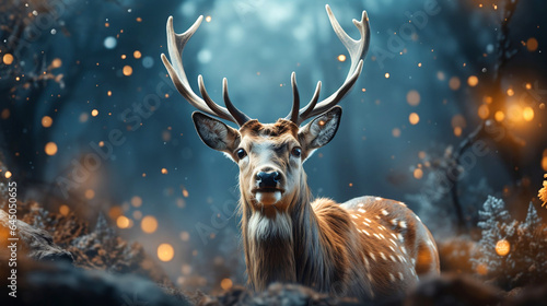 Deer male in winter snow forest. Artistic winter christmas landscape. Magic festive reindeer.