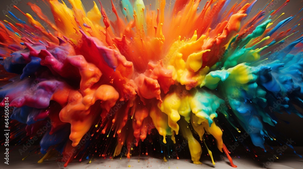 A plain canvas suddenly transformed by the impact of multiple paint-filled projectiles, each releasing a burst of unique color - obrazy, fototapety, plakaty 