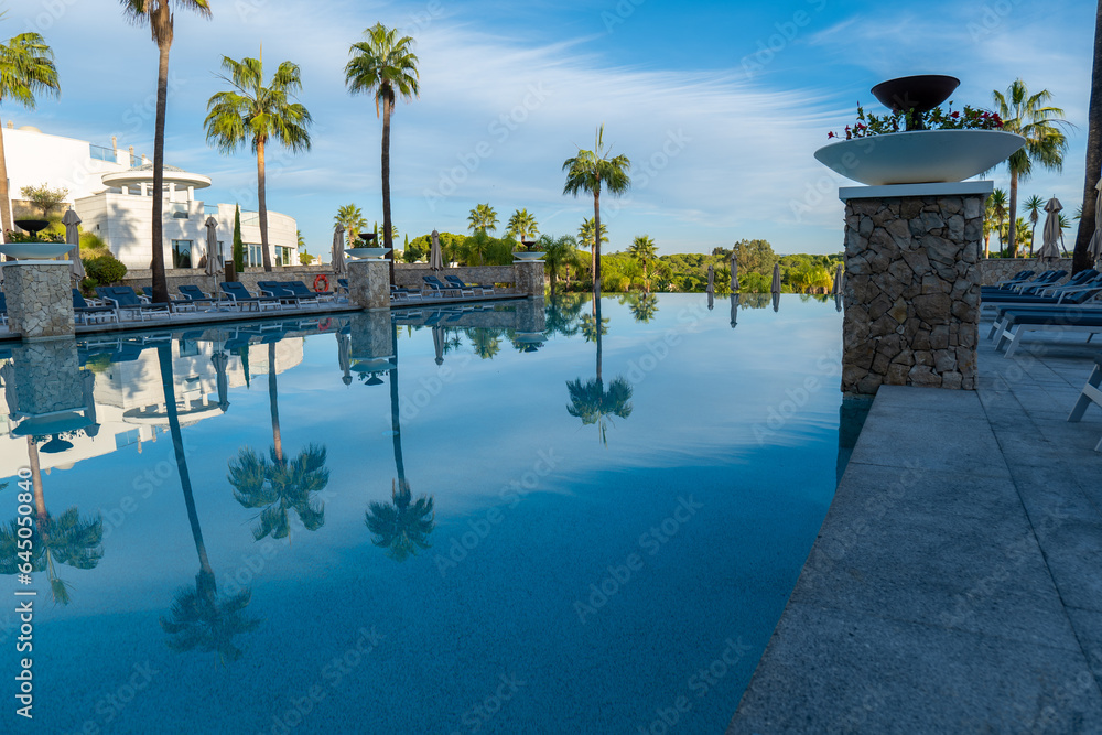 Fototapeta premium Swimming Pool with Palm Trees during Golden Hour