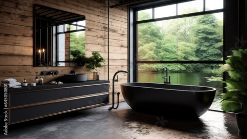 Full of luxury bathroom with black bathtub what is impossible to able to be clean but look like brutal good.