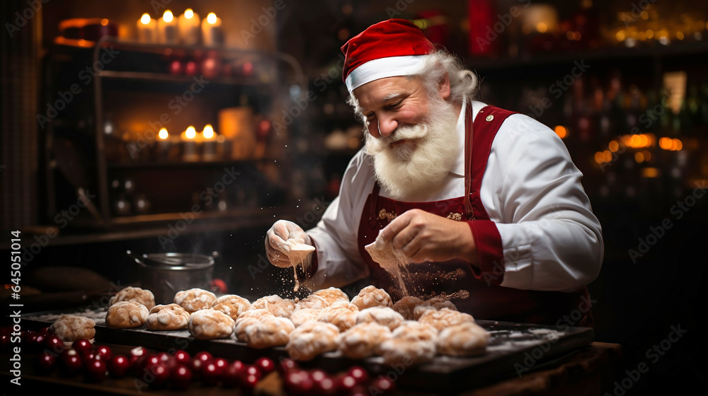 Santa Claus baker in a chef's uniform, cooking Сhristmas cookies. Christmas or New Year concept. - obrazy, fototapety, plakaty 