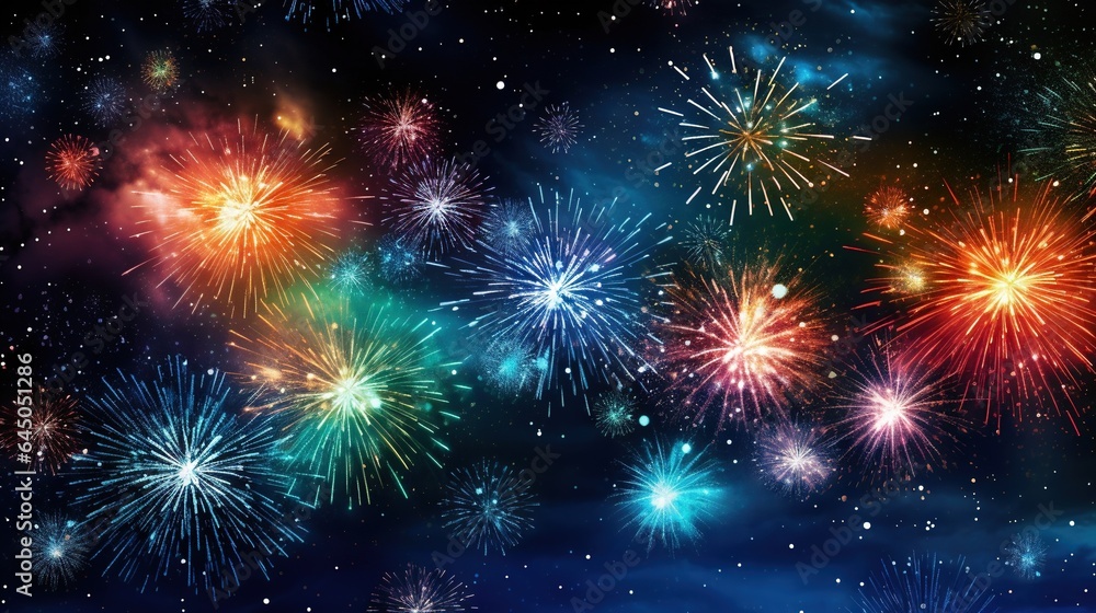 Naklejka premium a colorful fireworks display in the night sky with stars and clouds. generative ai