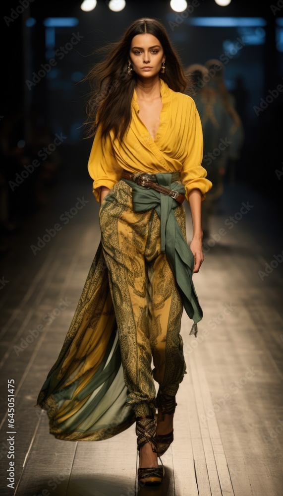 Fototapeta premium High fashion show with beautiful stylish young female models in fine casual colorful outfits