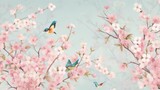  a painting of birds flying over a tree with pink flowers.  generative ai