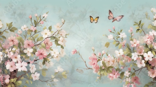 a painting of flowers and a butterfly flying over them on a blue background.  generative ai © Anna