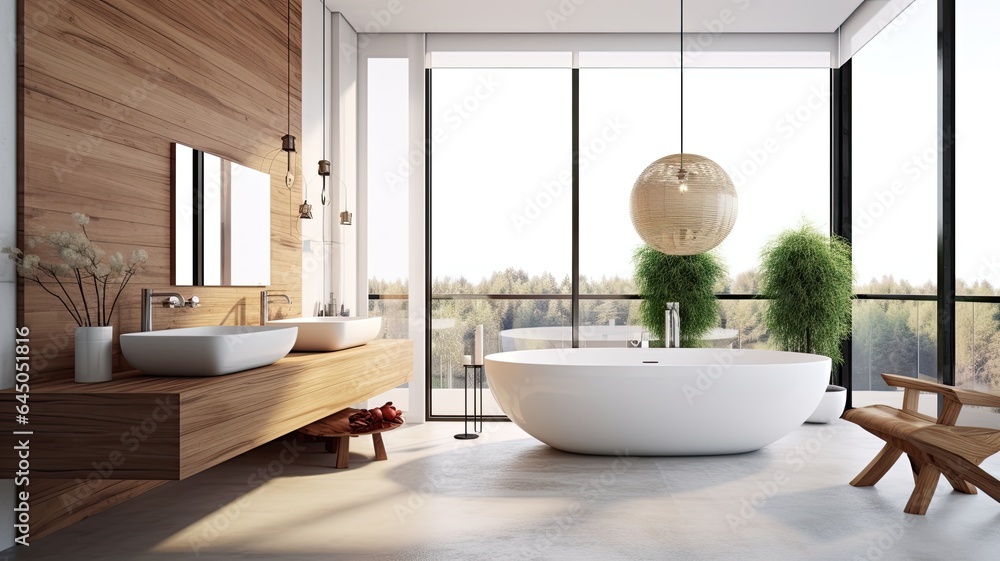 Spacious bathroom thanks to the full-wall window with perfect harmony of white tub and wood. Generative AI Technology 