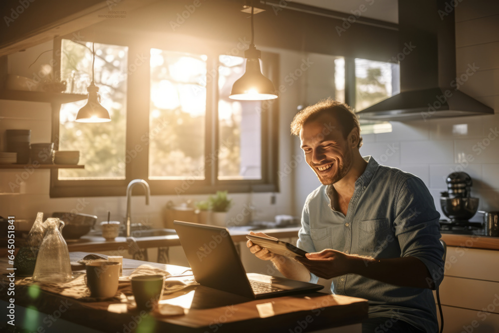 happy man with tablet and laptop for remote work in kitchen of his home