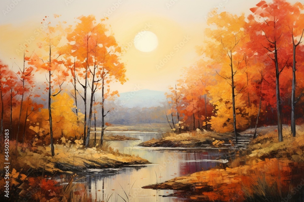 Vibrant autumn landscape paintings with warm orange hues. Generative AI