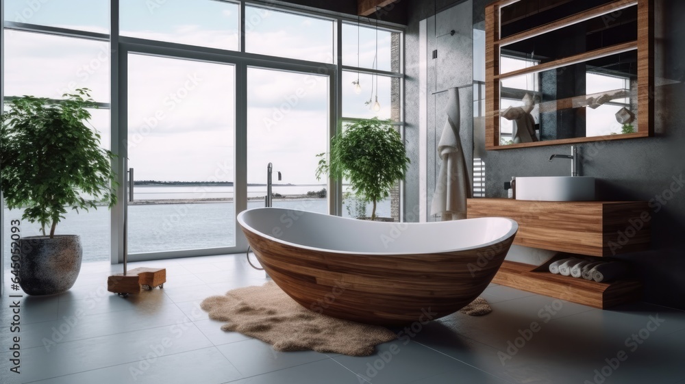 Spacious bathroom thanks to the full-wall window with perfect harmony of white tub and wood. Generative AI Technology Spacious bathroom thanks to the full-wall window with perfect harmony of white tub and wood. Generative AI Technology