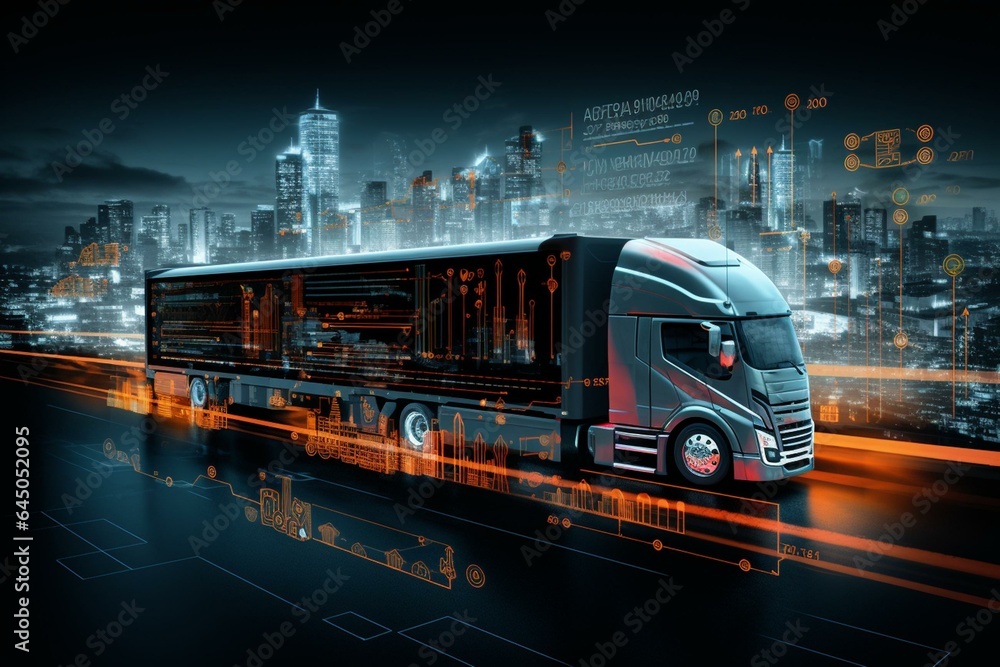 Innovative road transport with data transfer graphics showcasing traffic analytics and IoT. Generative AI