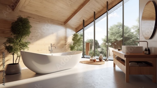 Spacious bathroom thanks to the full-wall window with perfect harmony of white tub and wood. Generative AI Technology 