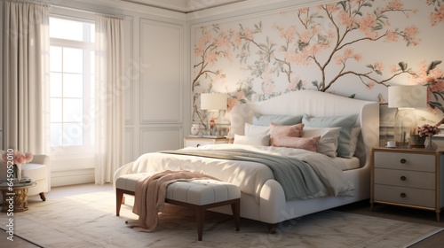 A serene bedroom with Traditional Floral Wallpaper  creating a peaceful retreat for rest and rejuvenation