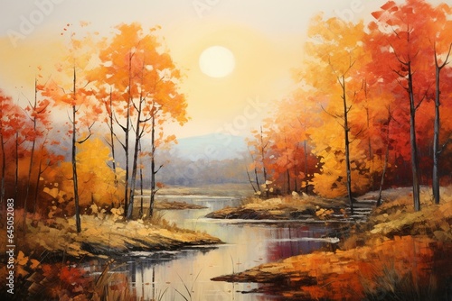 Vibrant autumn landscape paintings with warm orange hues. Generative AI