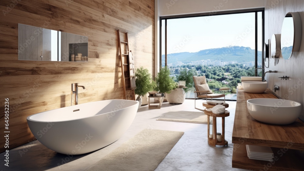Spacious bathroom thanks to the full-wall window with perfect harmony of white tub and wood. Generative AI Technology Spacious bathroom thanks to the full-wall window with perfect harmony of white tub and wood. Generative AI Technology