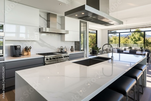 Stunning modern home, featuring spacious white kitchen with island and sleek grey countertops. Generative AI
