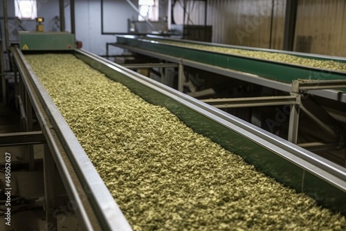 Spice factory's conveyor transports fragrant herbs. Generative AI