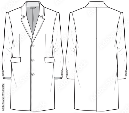 Men's topcoat notch lapel Blazer Jacket suit flat sketch fashion illustration technical drawing with front and back view, Long line overcoat blazer sketch