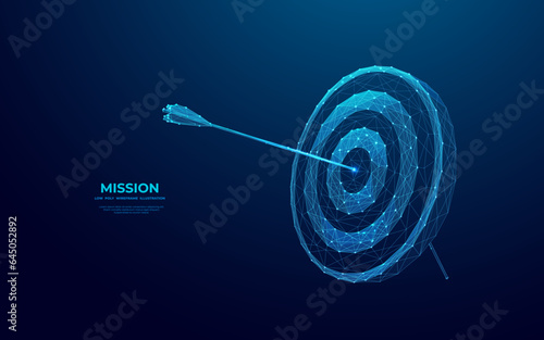 Abstract digital target with an arrow in the center. Growth strategy or financial goal concept. Futuristic low poly wireframe vector illustration on blue technology modern background. The bull's eye.