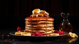  a stack of pancakes with syrup and bananas on a plate.  generative ai