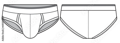 Men's underwear brief design front and back view flat sketch fashion illustration, Gents trunk under garments cad drawing vector template mock up