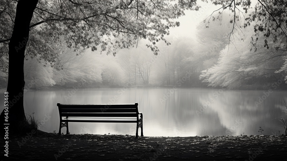 A solitary park bench facing a serene black and white lake surrounded by trees