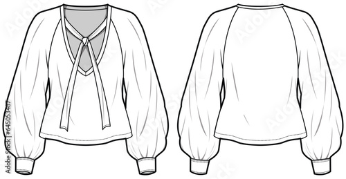 Women pussy bow blouse with v neck details design flat sketch fashion illustration with front and back view