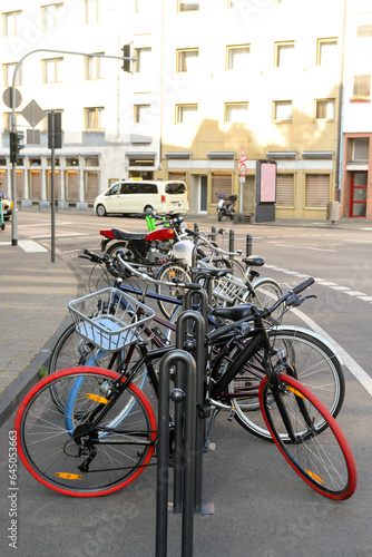 Modern bicycles parked on c...