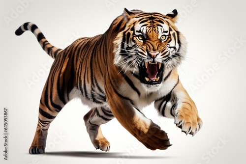Fierce tiger roaring and leaping  white background  isolated  clipping path  3D illustration. Generative AI
