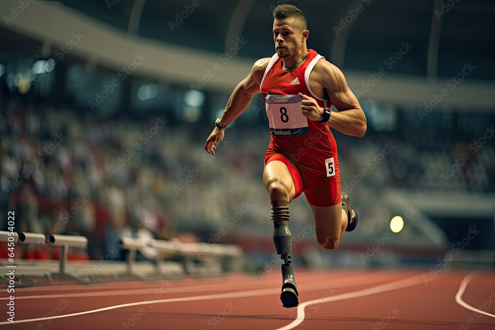 Parasport. man para athlete on prosthetic leg running track stadium, para athletics championships