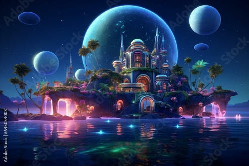 Enchanting 3D oceanic realm with neon hues, moonlit ambiance, water reflections, an abstract futuristic landscape, island, and portal. Generative AI