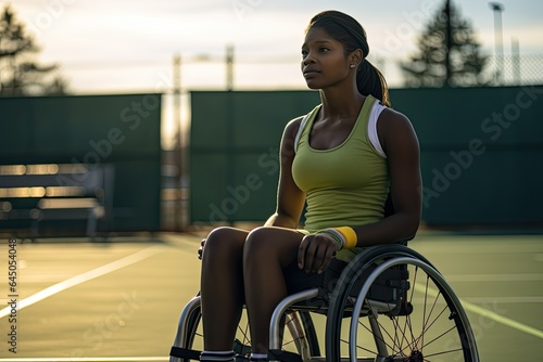 African American woman Paralympian in a wheelchair during the competition. Inclusive sports for people with special needs