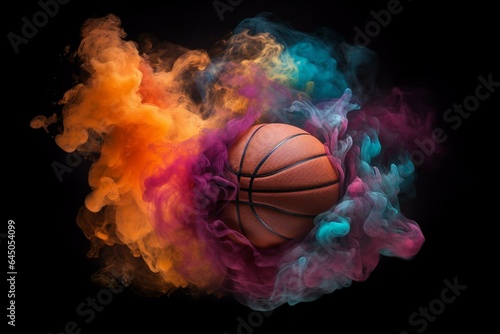 Abstract artwork featuring a basketball surrounded by vibrant smoke. Generative AI © Natalia