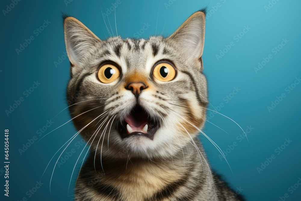 A close-up portrait of a cute English shorthair cat looking surprised, isolated on a white background, with wide eyes and fur standing on end, as if hearing a loud noise or seeing something scary
