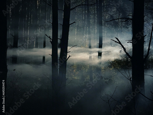 foggy and dark woods at night  mystery forest. Magical saturated foggy forest trees landscape.