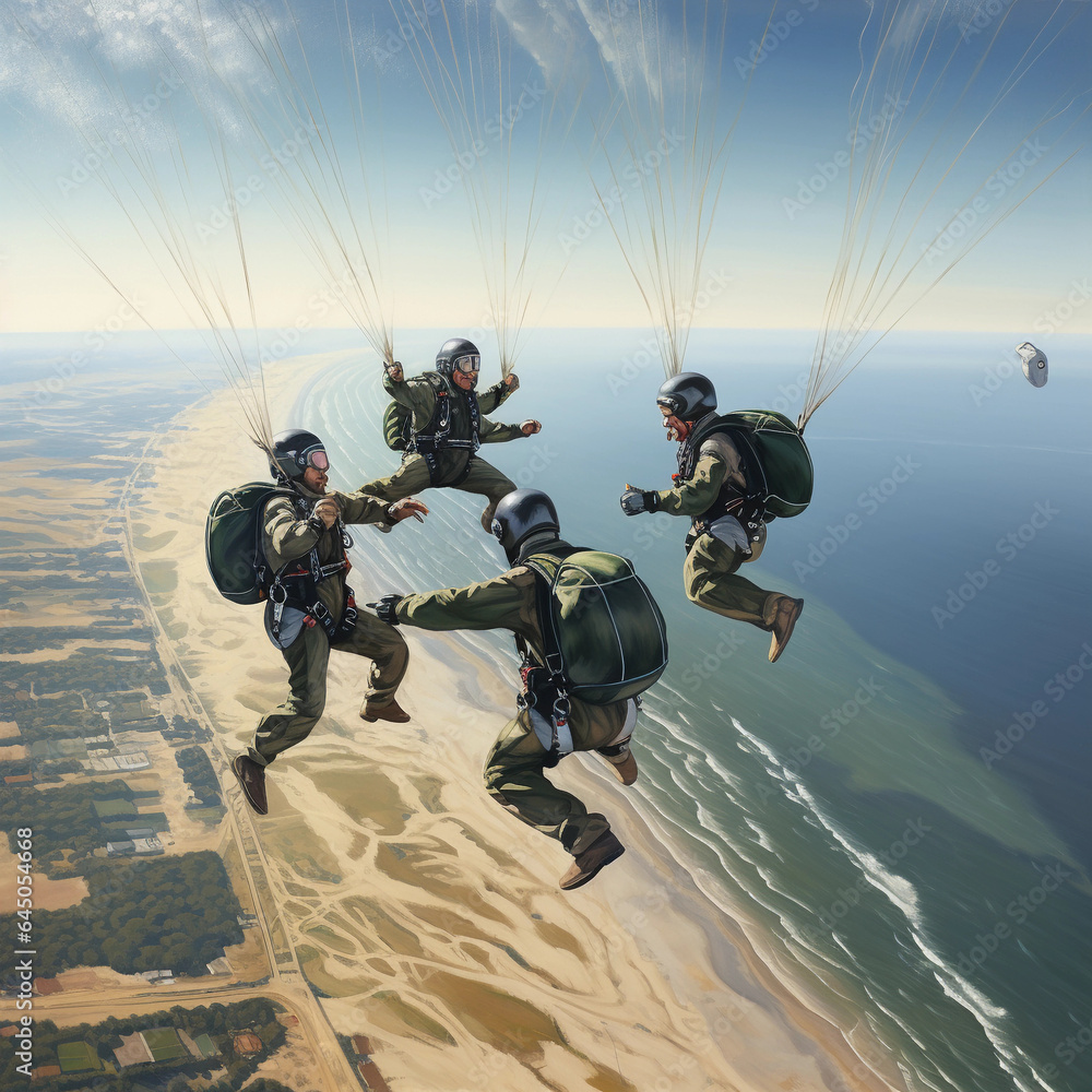 Four Parachutists Holding Hands in Midair Four Parachutists Holding Hands in Midair