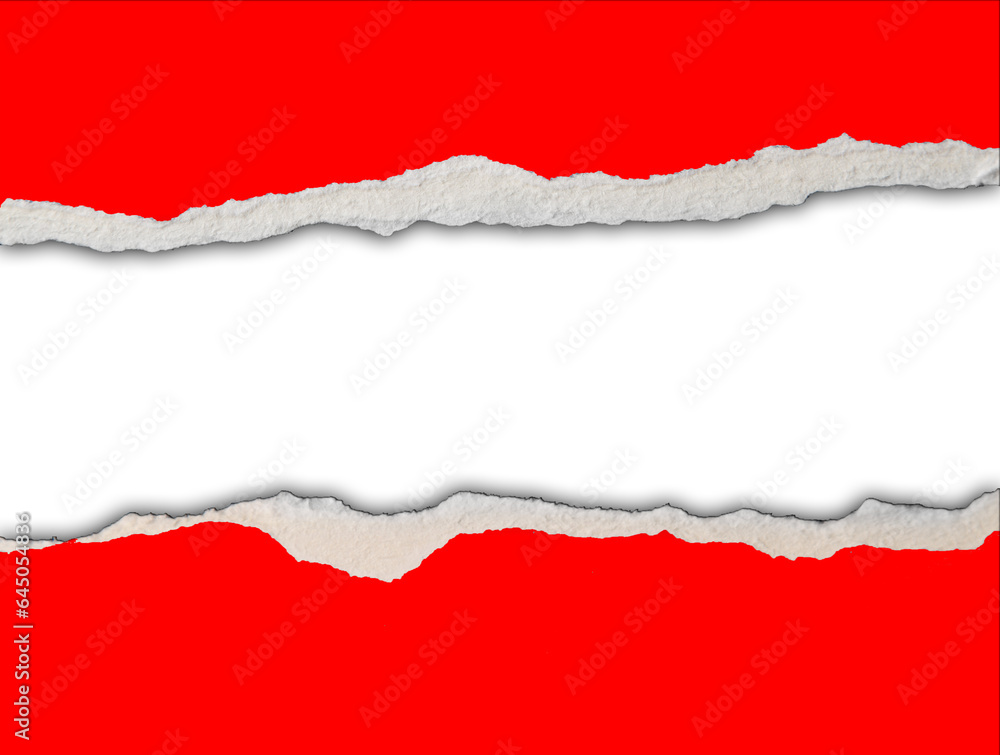 Gap in torn red paper on white background. Copy space