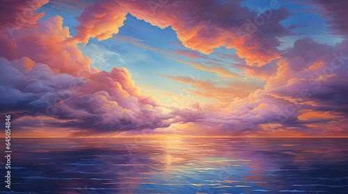  a painting of a sunset over a body of water with clouds. generative ai